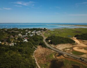 The picture depicts an aerial view of greenery meeting the ocean at a coastline. There is a neighborhood on one side of a road and a green field on the other. 