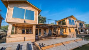 This picture depicts a house with pine siding during the daytime.