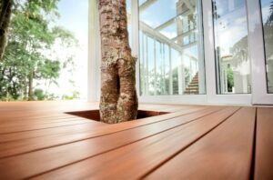 The image depicts a wooden deck with a square space cut out for a small tree to grow out of it.