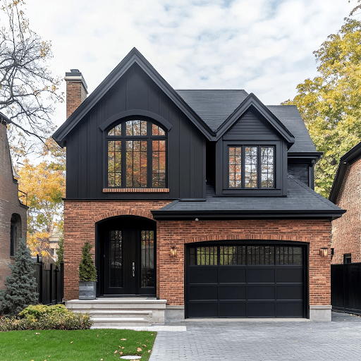 This image depicts a home with brick and black siding for a welcoming exterior.