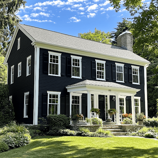 This image depicts a two-story house with black siding and white trim.