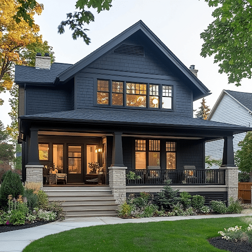 This image depicts a Craftsman-style home with black siding and brick accents. 