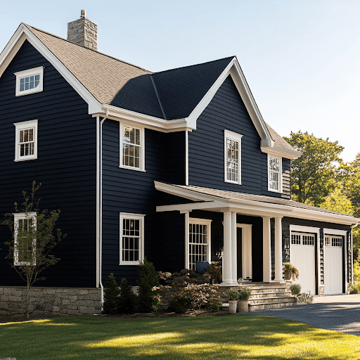 This image depicts a two-story home with black siding, white trim and stone accents.